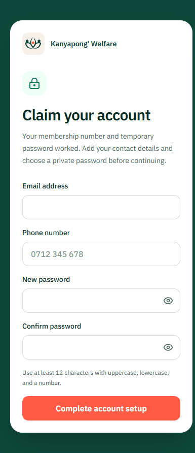 The claim your account screen, with email, phone, and new password fields