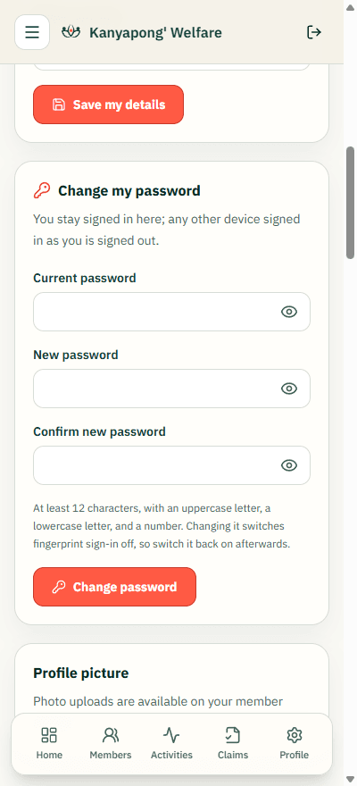 The change my password section on the account settings page